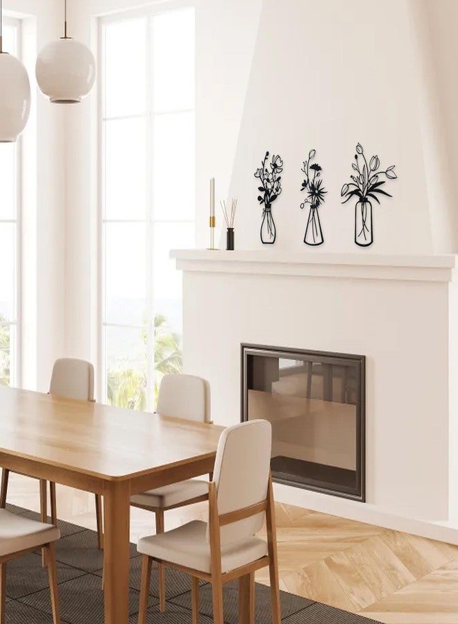 Floroom 3 Pieces Black Metal Flower Wall Decor Minimalist Vases Rustic Farmhouse Hanging Art for Living Room, Dining Room, Kitchen, Bedroom, Bathroom - Image 3